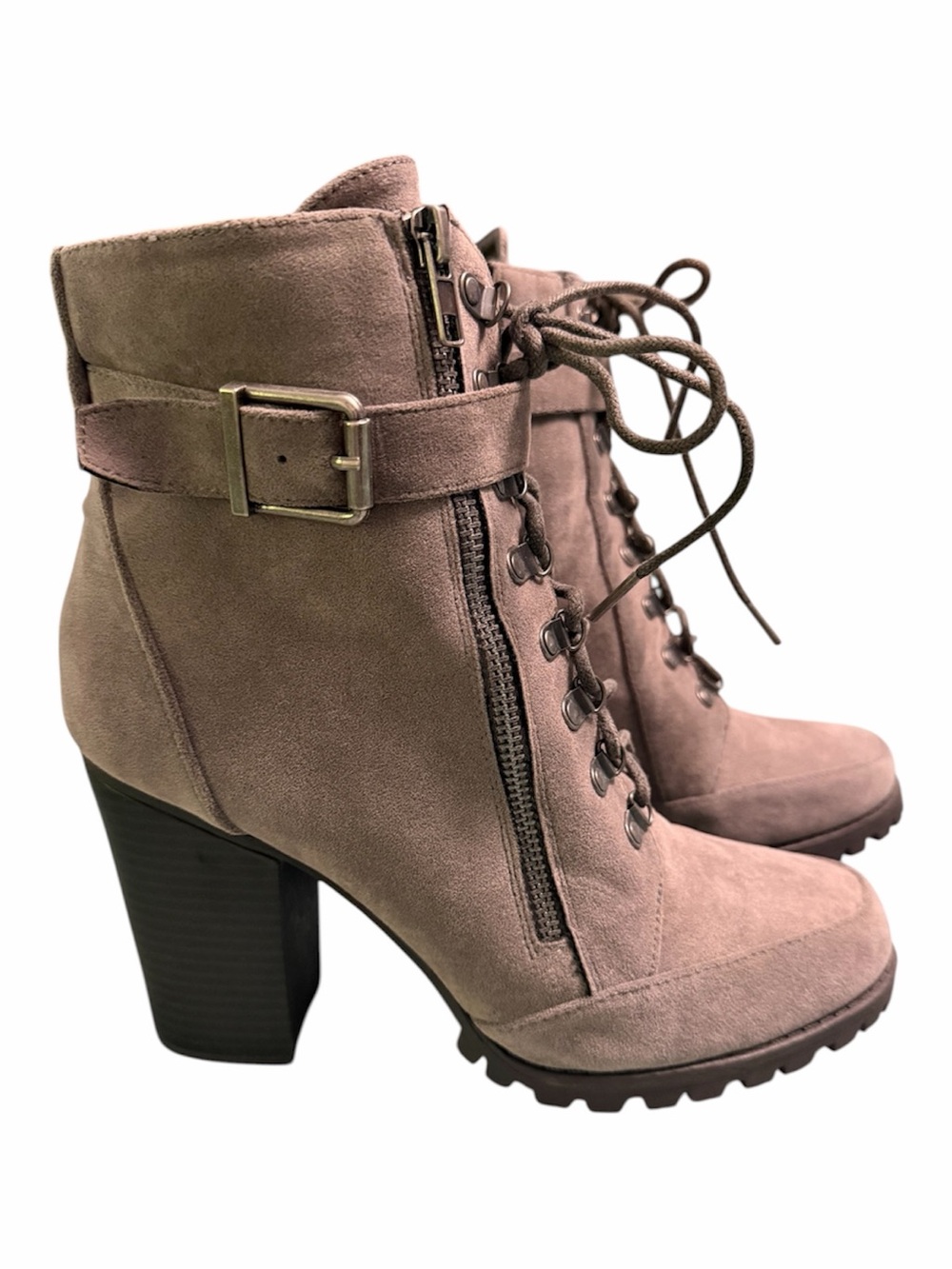JustFab Taupe Suede Lace-Up Block Heel Ankle Boots
